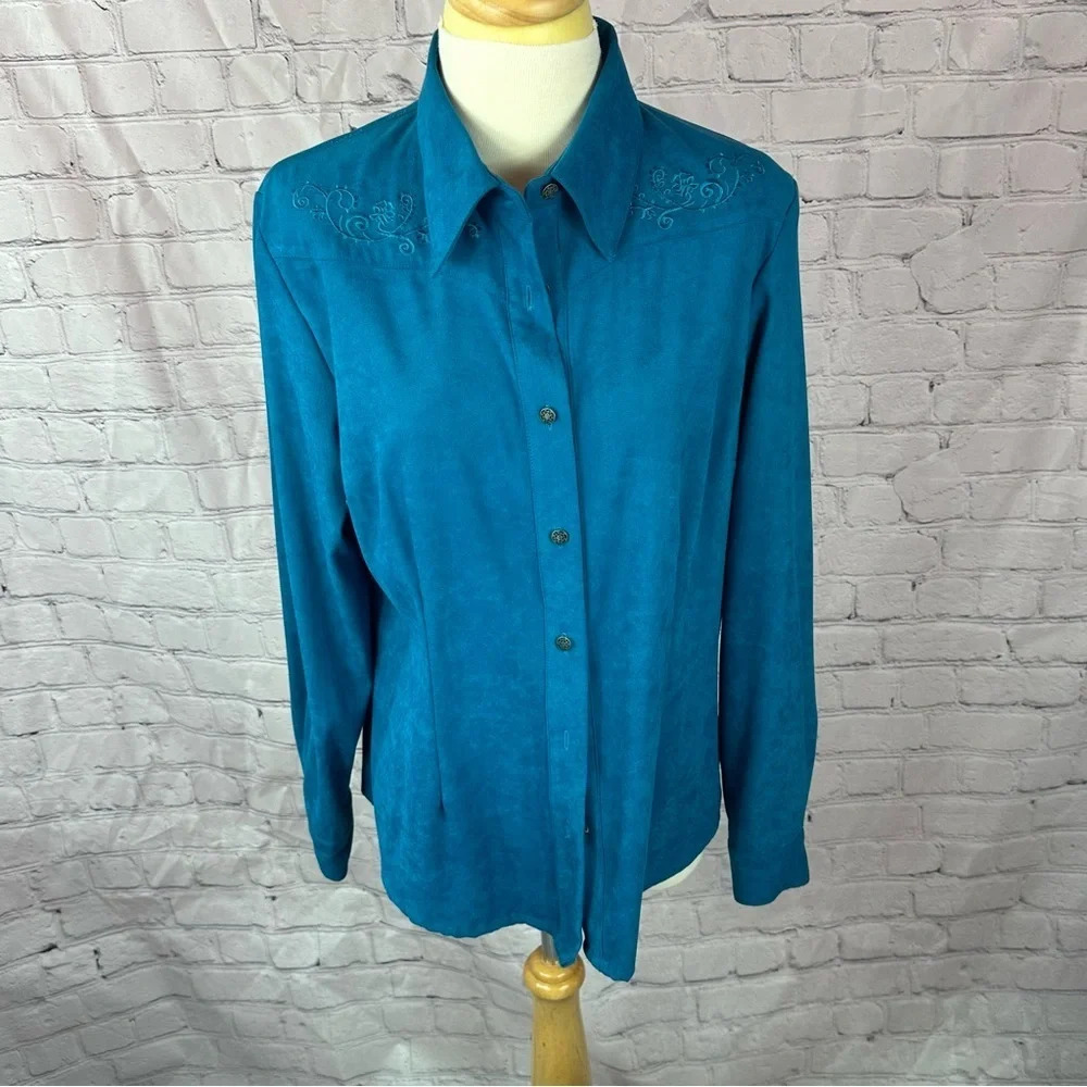colwater creek dark teal suede feel top with embroidery size medium
